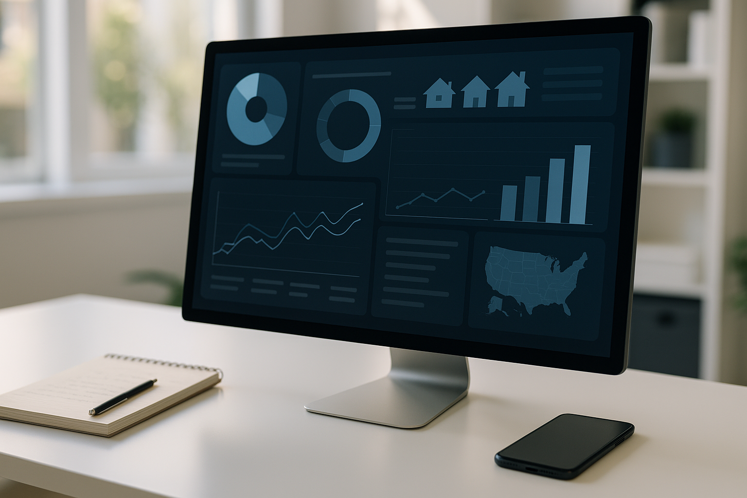 A close-up shot of an advanced CRM system interface on a high-resolution computer monitor showcasing data analytics dashboards, next to a notepad with handwritten notes and a smartphone, set in a modern office space with natural lighting, visually representing business automation and data-driven decision making in property management, completely text-free, no visible words or writing, professional photography, high resolution, clean modern aesthetic
