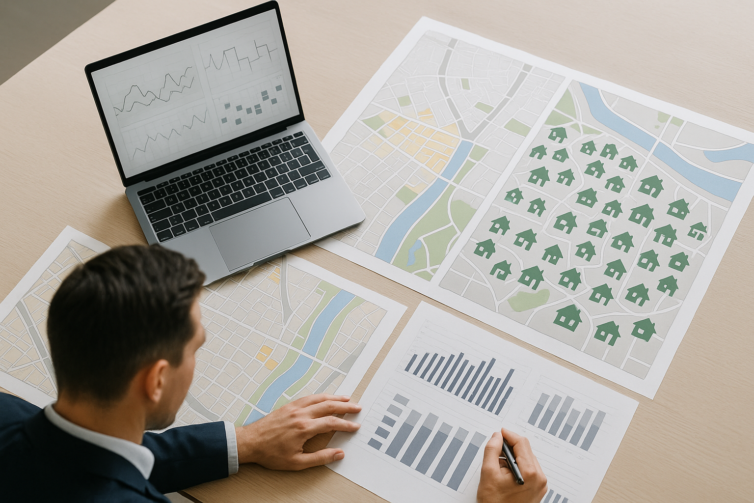 A high-angle shot of a real estate professional analyzing large printed maps and data sheets, with a laptop showing complex but text-free graphs and automated scheduling tools, embodying the fusion of property management, CRM systems, and data analytics for efficient real estate operations, completely text-free, no visible words or writing, professional photography, high resolution, clean modern aesthetic