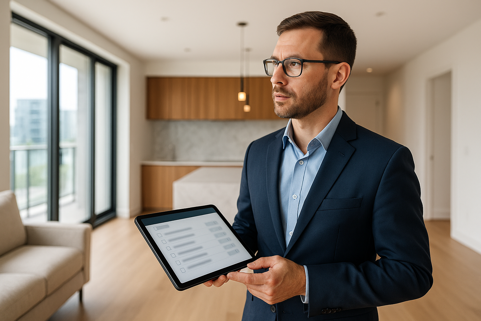 A property manager conducting a walkthrough inspection inside a luxury apartment unit, holding a digital tablet showing an inventory checklist interface (screen intentionally blurred with no readable text), highlighting the integration of mobile CRM tools with real-time data analytics, photographed with professional clarity emphasizing workflow optimization, completely text-free, no visible words or writing.