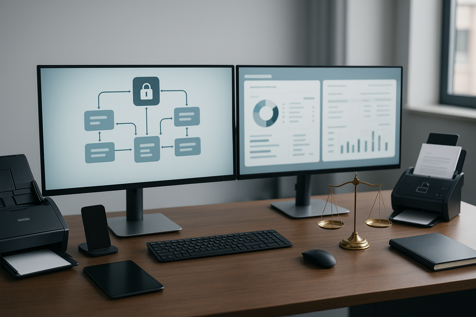 A sleek, state-of-the-art legal technology setup featuring a lawyer's desk with dual high-resolution monitors showing a secure workflow automation dashboard (blurred and text-free), surrounded by smart devices and digital document scanners, captured in a clean, modern law office environment with natural light, completely text-free, no visible words or writing.