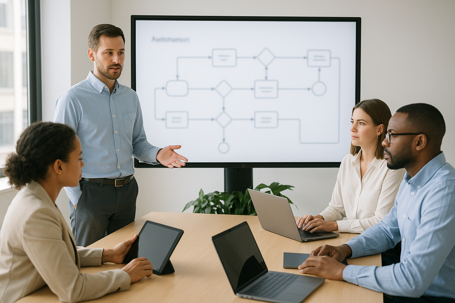 A clean, modern office scene with a property management team gathered around a large touchscreen display showing business automation workflow diagrams (the screen blurred to avoid legible text or symbols), with digital devices such as tablets and laptops open in front of each person, natural daylight casting soft shadows, professional photography, high resolution, completely text-free, no visible words or writing
