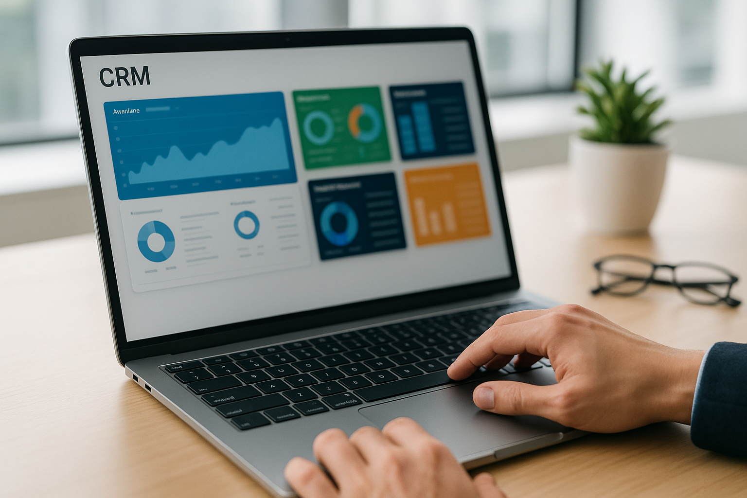 An image capturing a close-up of hands interacting with a sleek CRM system on a high-end laptop keyboard and touchpad, with multiple colorful, blurred application windows on the screen representing data analytics and tenant management dashboards (screen details indistinct to keep text unseen), a tidy desk with a potted plant and eyeglasses visible, bright modern office environment, completely text-free, no visible words or writing