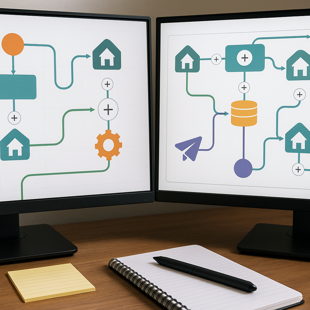 Detailed close-up shot of a business automation workflow setup on dual computer screens, showing flowcharts and automation nodes with real estate data entries, alongside notes and a digital pen on the desk, completely text-free, no visible words or writing
