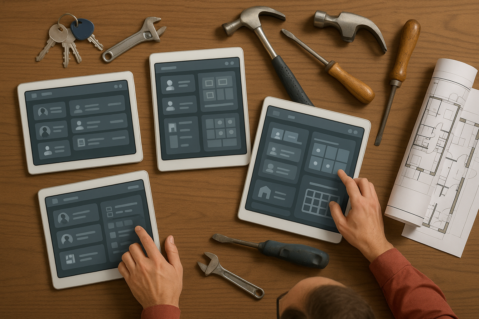 An organized property manager using multiple tablet screens displaying tenant management interfaces (without any visible text), surrounded by keys, maintenance tools, and property plans, creating a scene of efficient and automated property management, completely text-free, no visible words or writing