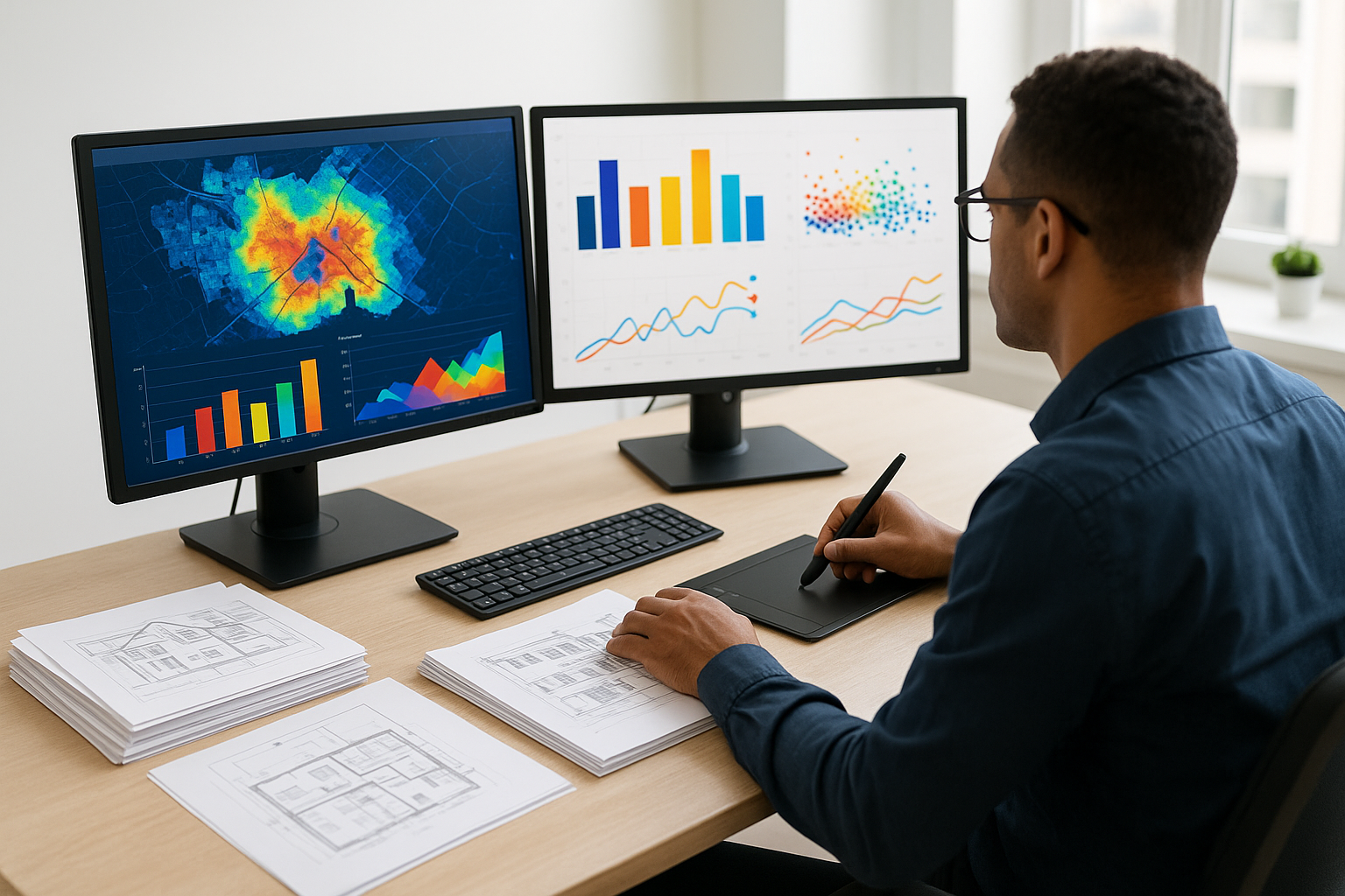 An analytics professional working at a desk with dual monitors showing vibrant data analytics dashboards without text, focusing on real estate market trends through colorful heatmaps and scatter plots, surrounded by neat stacks of printed property documentation, a digital pen, and a calculator, all in a bright, organized office environment, completely text-free, no visible words or writing, professional photography, high resolution, clean modern aesthetic.