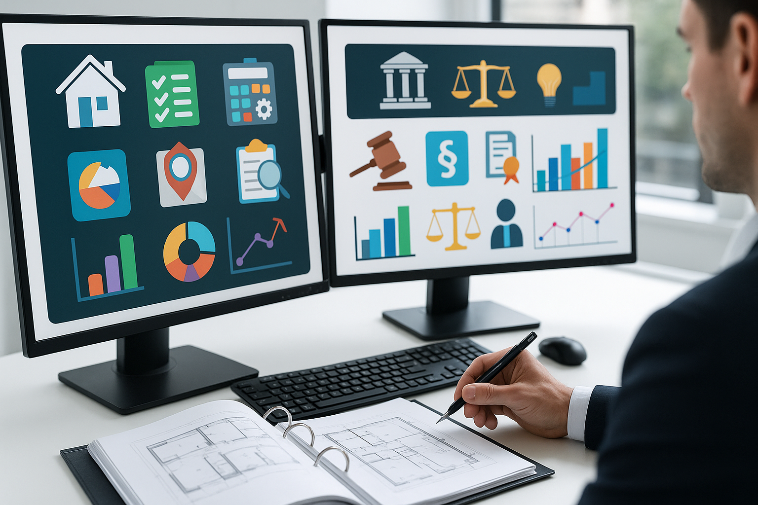 A close-up image of a property manager or legal professional using dual monitors displaying property management and legal technology software interfaces with various colorful icons and graphs (no text), while referencing an open binder with architectural blueprints, inside a sleek office environment with natural light, completely text-free, no visible words or writing, professional photography, high resolution, clean modern aesthetic.