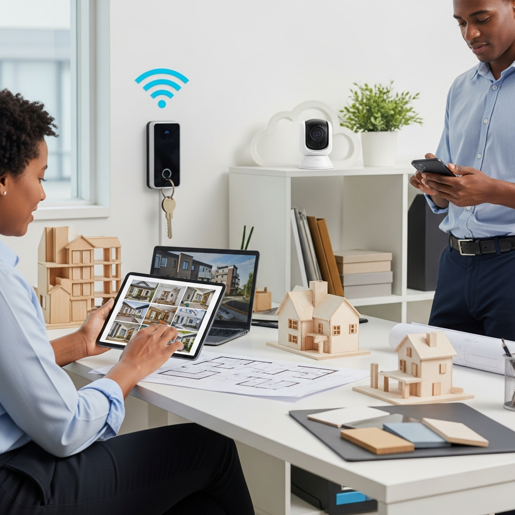 A professional, high-quality photo of a property management team utilizing digital workflow automation tools in a shared workspace, with one person interacting with a tablet and another using a mobile device. There are visible symbols of smart home technology, such as a tablet displaying property images (unreadable), a keyless entry device, and a cloud-connected security camera. The environment blends digital tools with real-world property management objects, set in a bright, modern office. Completely text-free, no visible words or writing.