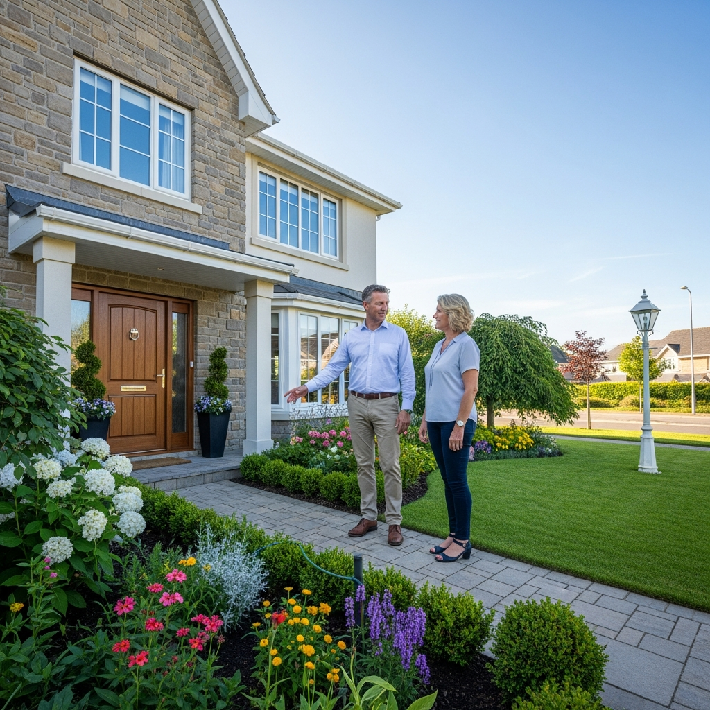 A realistic, high-resolution image depicting a property manager meeting with a homeowner at a residential property. The setting should clearly show the exterior of a well-maintained house with landscaping, as the two individuals inspect the premises, reviewing features like the garden, entrance, and amenities. The interaction is cordial and professional, conveying trust and attention to detail, in natural lighting with a sharp, editorial-quality style. Completely text-free, no visible words or writing.