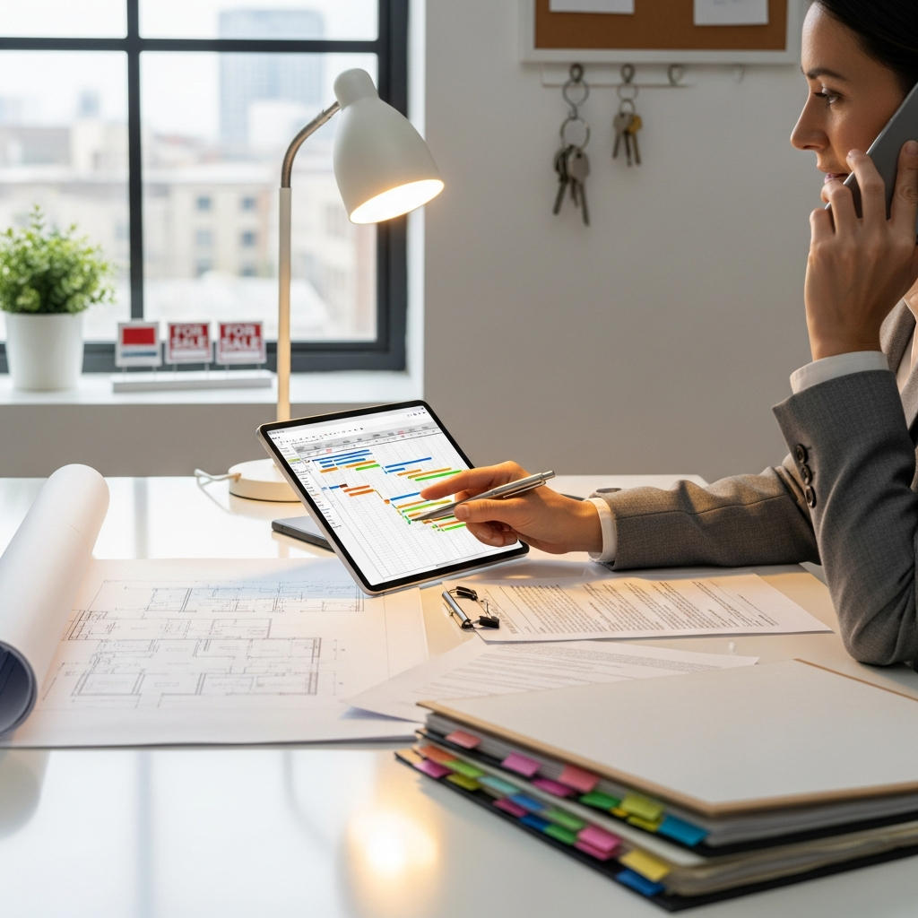 A clean, modern scene where a real estate transaction coordinator uses a tablet and a phone simultaneously in a well-lit workspace, with paperwork and property blueprints visible nearby—depicting the multitasking required to keep a property closing on schedule. The environment is realistic and uncluttered, with subtle hints of the property market such as house keys and for-sale sign miniatures in the background, but absolutely no text. Completely text-free, no visible words or writing.