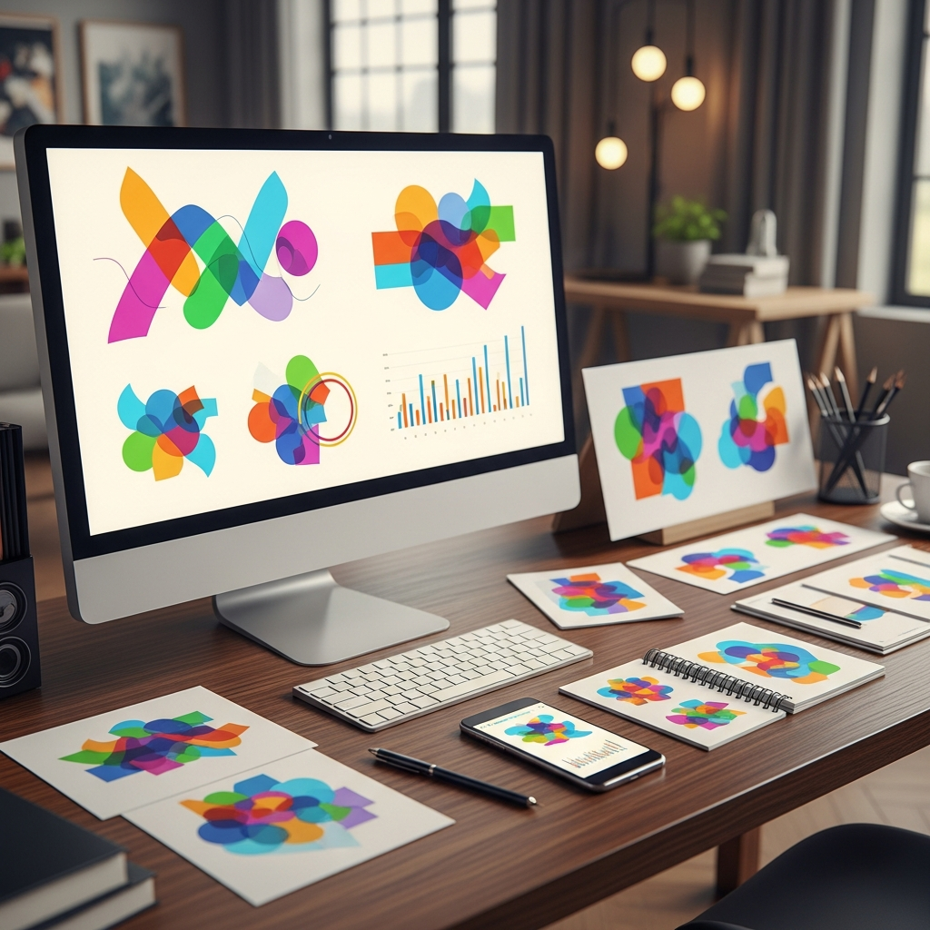 A high-resolution, professional image depicting a broker’s desk during the analysis of client data: graphical charts displayed on a computer monitor, a printed stack of charts and notepads, and a smartphone with data visualization open. The environment should include a modern home or office backdrop, and the visuals must strongly emphasize analytics through shapes and colors, but exclude any actual numbers or text on screens, papers, or surfaces. Completely text-free, no visible words or writing.