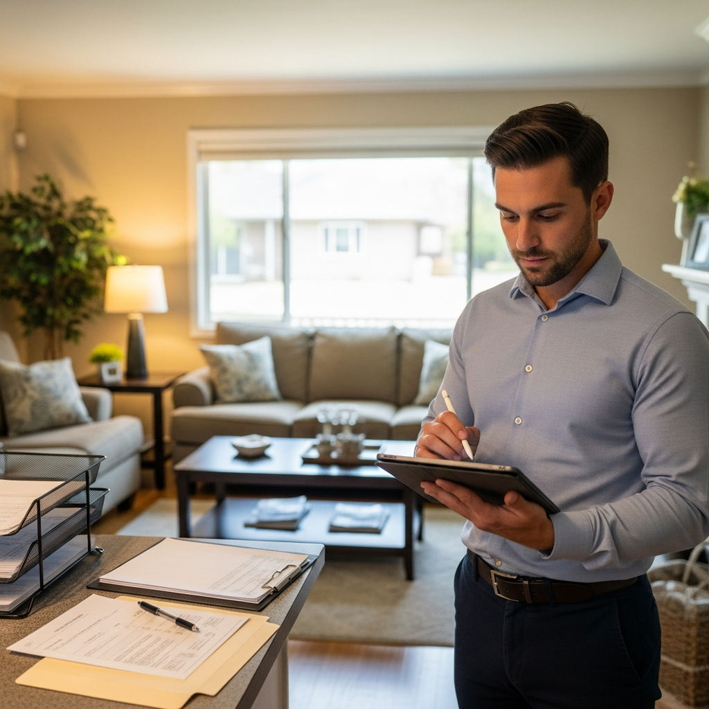 A realistic, professionally lit scene of a residential property walkthrough by a transaction coordinator: capturing an agent systematically checking items on a tablet while stepping through a furnished, lived-in home, with organized paperwork arrayed on a nearby countertop, all within a well-kept interior space; completely text-free, no visible words or writing.