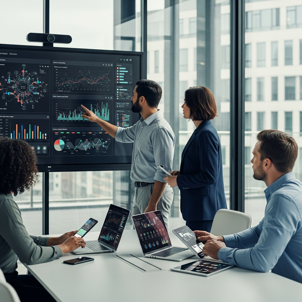A detailed, professional image showing a tech-forward property management team collaborating on workflow automation: multiple team members concentrate on a large wall display showing colorful data visualizations (charts, graphs, timelines) in a glass-walled meeting space, with laptops and mobile devices in use, maintaining a clean, modern look; completely text-free, no visible words or writing.