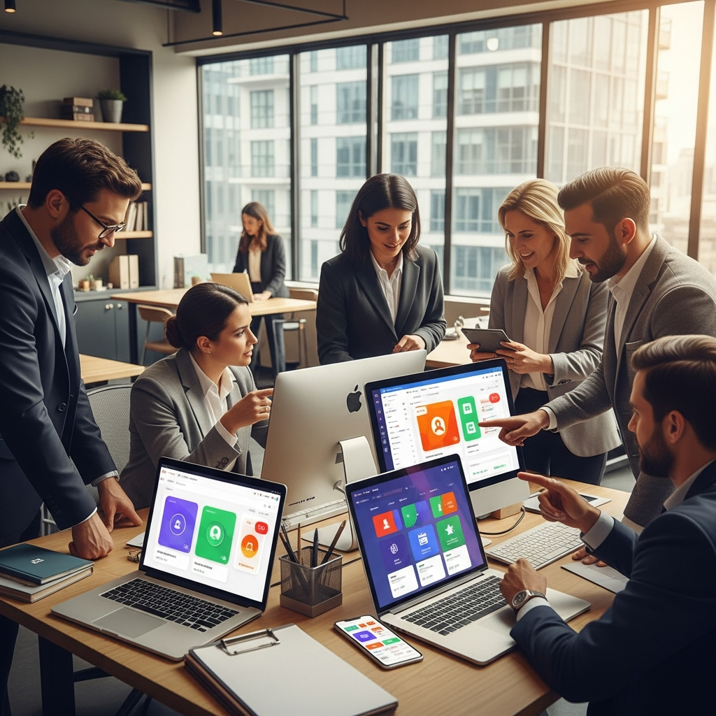 A high-quality photograph of a CRM system in action within a real estate operation setting: agents and coordinators interact around a central workspace displaying devices (pads, laptops, smartphones) that clearly show dynamic icons and visual cues for contact management and calendar scheduling (without text), with daylight pouring into a sleek, urban office environment; completely text-free, no visible words or writing.