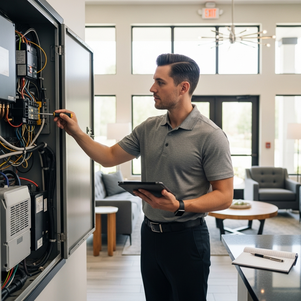 A property manager in a well-lit, contemporary apartment complex lobby, conducting a detailed inspection of a unit’s mechanical systems. Open utility panels, visible HVAC units, and a digital tablet being used for data entry, all screens and documents carefully angled to guarantee absence of text. Realistic tools and notepad in use, capturing the hands-on workflow of property maintenance and proactive management. Professional photography, high resolution, clean modern aesthetic, completely text-free, no visible words or writing.