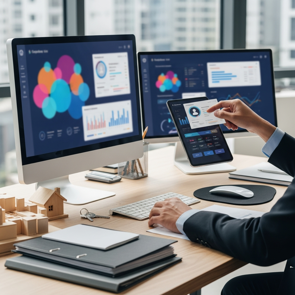 A dynamic CRM scenario in real estate: an agent using a mobile device and desktop computer in a modern office, organizing client profiles using drag-and-drop gestures and interacting with visual charts, all displayed screens and printouts purposefully blurred or turned to avoid any text. The space includes architectural models, house keys, and closed property folders on the desk. Focus on the practical daily use of CRM tools in real estate client management. Professional photography, high resolution, clean modern aesthetic, completely text-free, no visible words or writing.
