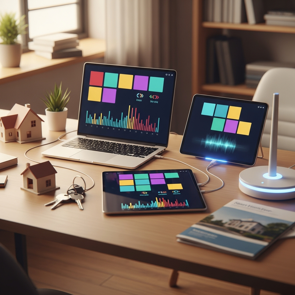 A workflow automation setup in a sleek property management back office: several networked devices, including a laptop, tablet, and smart home hub, actively monitoring and synchronizing maintenance schedules, lease expirations, and property showings. Clear visual focus on seamless tech integration, with status indicators like lights or progressing bars visible, but no text or symbols. Workspace contains housing models, keys, and property brochures shown from non-readable angles. Professional photography, high resolution, clean modern aesthetic, completely text-free, no visible words or writing.