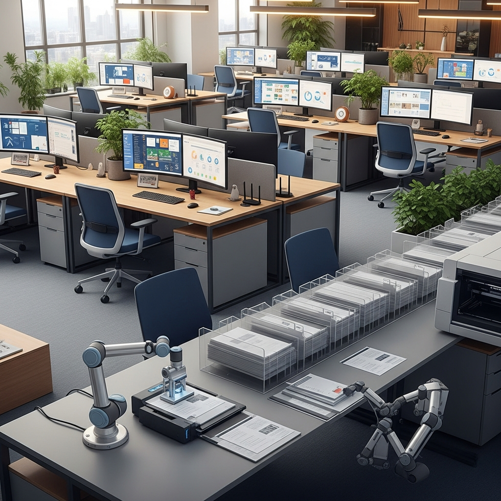 A photorealistic view of automated workflow in a real estate context: an open floor workspace in a property management firm featuring visible wireless devices, physical property files being scanned or input, and a subtle visual cue of automated sorting through trays or folders, illustrating process automation. Everything is clean, modern, realistic, and completely text-free, no visible words or writing.