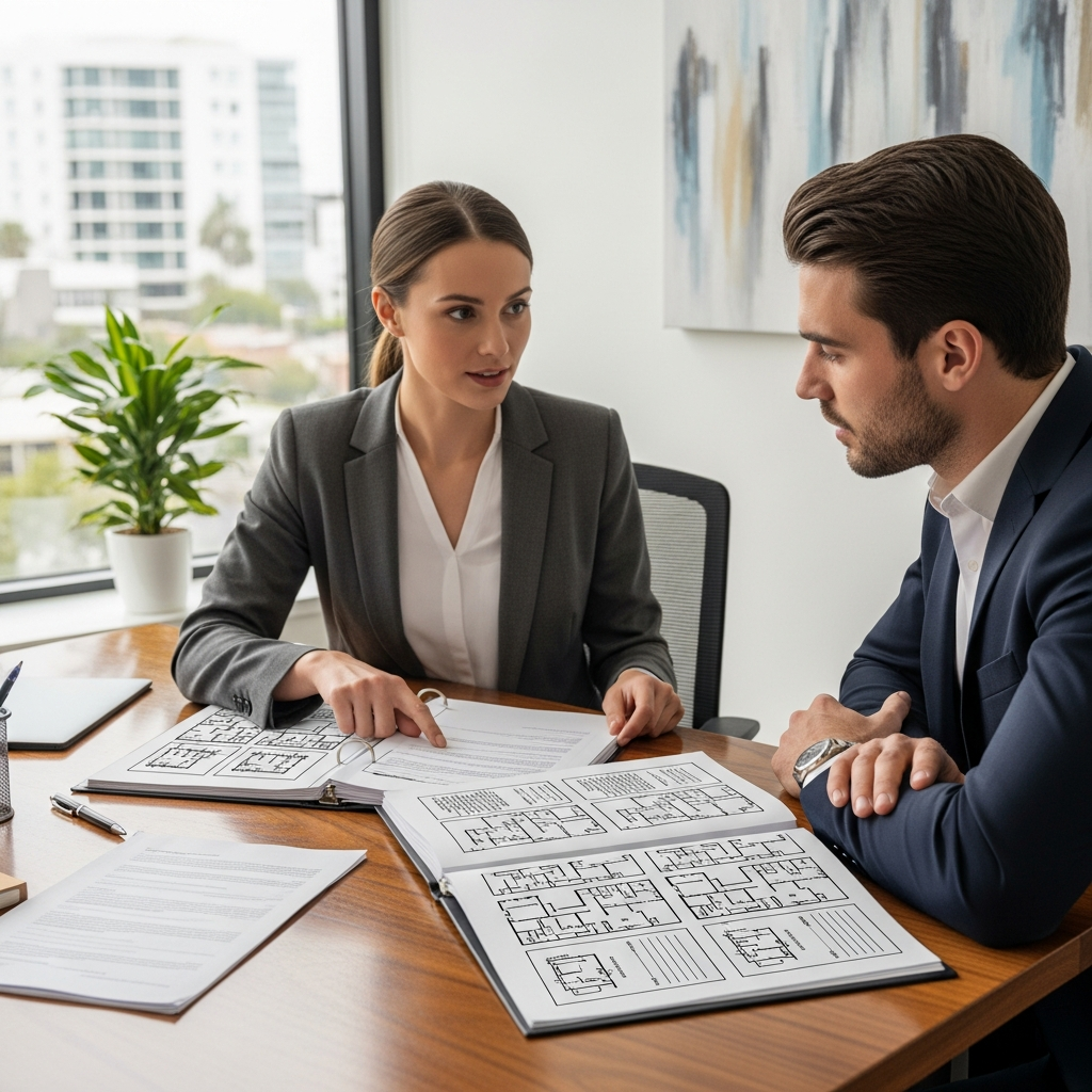 A realistic, clean and modern image of a property manager reviewing a detailed lease agreement with a tenant, set in a well-lit, professional leasing office. Visible contract pages with small diagrams or signature lines but no readable text, expressing the process of lease administration in property management. The setting emphasizes real negotiation and documentation, completely text-free, no visible words or writing.