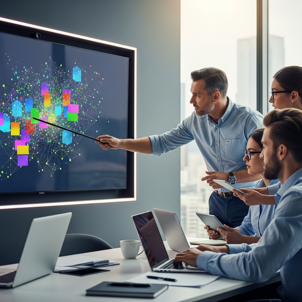 A high-quality, well-composed scene depicting a real estate team in a collaborative meeting, analyzing a large wall-mounted data visualization (such as a map with color-coded property markers or an abstracted analytic graph, intentionally unreadable), representing data-driven decision making in property management. Modern office surroundings communicate professionalism, completely text-free, no visible words or writing.