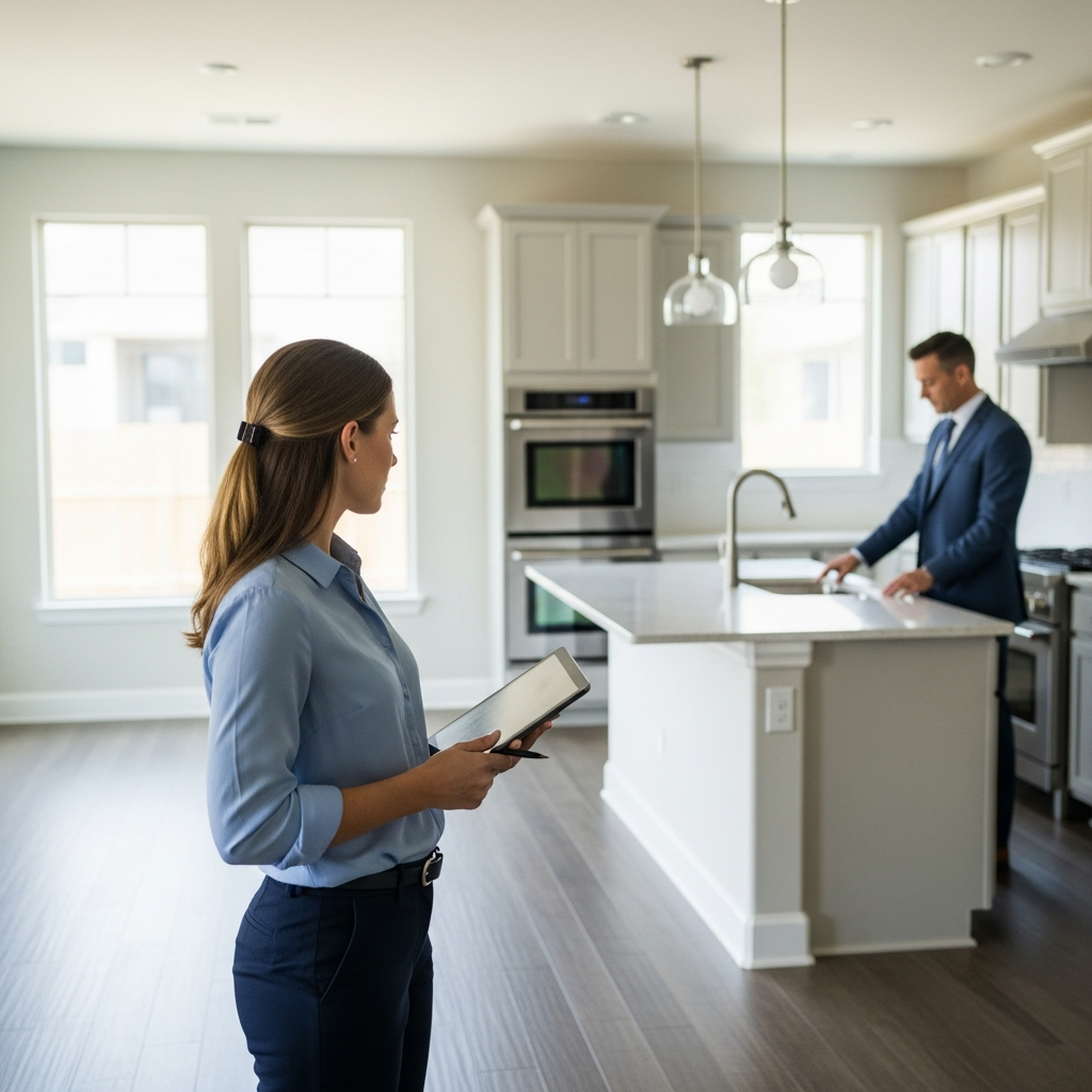 A high-quality, professionally photographed scene of a residential property walkthrough in progress: a transaction coordinator inspects a vacant, spotless home interior, holding a digital tablet (with display out of frame), while a realtor evaluates the kitchen area, suggesting quality control and process verification, completely text-free, no visible words or writing.