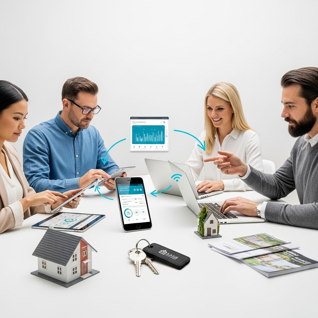 A professional photograph illustrating automated workflow tools for real estate: a clean, modern desk environment featuring interconnected smart devices (tablet, phone, laptop), with different members of a real estate team using each device to track property status notifications, keys and model houses as props, devices angled so screens are not readable, completely text-free, no visible words or writing.