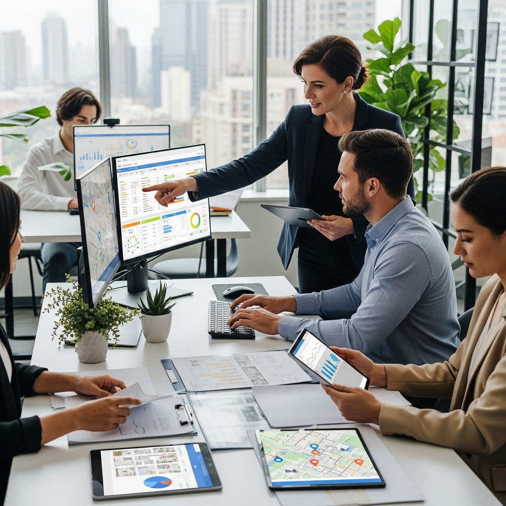 A CRM system in use by a real estate team in a modern office: depict agents reviewing client portfolios on tablets and computers (no visible text on screens). Show paperwork being sorted physically and digital devices indicating data-driven client organization. Focus on the active engagement of team members collaborating and coordinating around client and property information. Completely text-free, no visible words or writing, professional photography, high resolution, clean modern aesthetic.