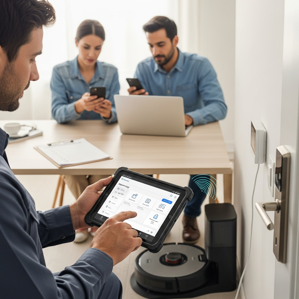 A hands-on workflow automation scenario in a property management setting. Visualize a maintenance technician using a tablet to log repairs while interacting with smart home equipment, with property managers overseeing operations via mobile devices (screens blurred/blank). Show clear cues of automation in the process: scheduled repairs, interconnected devices, scheduled checklists (represented physically, without written text). Completely text-free, no visible words or writing, professional photography, high resolution, clean modern aesthetic.