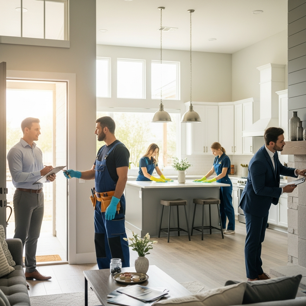 A transaction coordination process visualized within a property showing. Depict a home being prepared for an open house: an agent reviewing key handover with a contractor, a cleaning crew making final touches, and inspection being carried out. The setting should look authentic to a busy property transaction day, highlighting the orchestration of multiple stakeholders. Completely text-free, no visible words or writing, professional photography, high resolution, clean modern aesthetic.