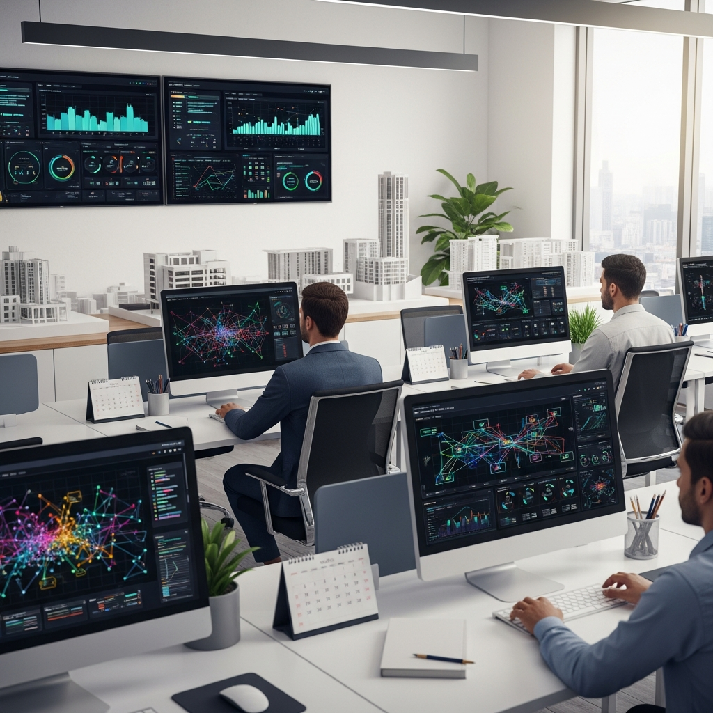 A CRM software-focused real estate office environment, with agents working on desktop computers displaying complex network graphs or data analytics visuals (but no readable text), and large monitors showing visual dashboards, surrounded by physical props such as architectural scale models and appointment calendars, emphasizing data-driven operations. Professional photography, high resolution, clean modern aesthetic, completely text-free, no visible words or writing.