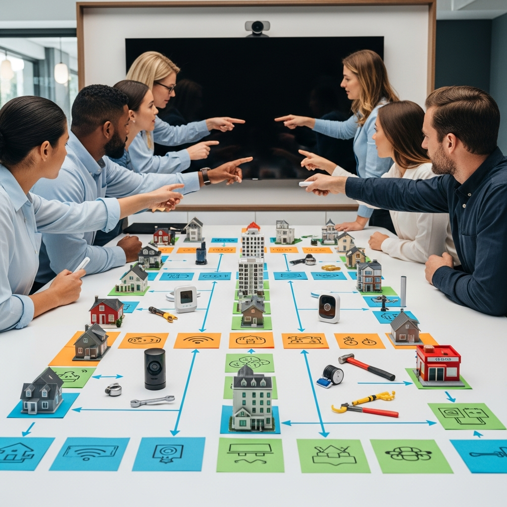 A property management team gathered around a screen (not visible to the viewer) gesturing as they map out an automated workflow using realistic objects like color-coded sticky notes and property tokens, with smart home devices and maintenance tools on the table, representing workflow and process automation in property management. Professional photography, high resolution, clean modern aesthetic, completely text-free, no visible words or writing.