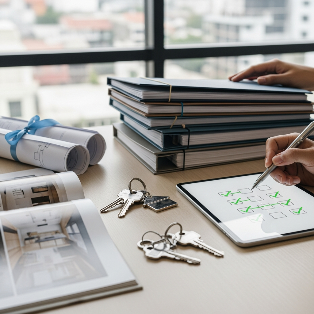 A transaction coordinator in a contemporary workspace organizing a stack of housing contract folders and keys, while simultaneously checking off items on a checklist on a tablet, surrounded by props such as house keys, floor plans, and property brochures. Professional photography, high resolution, clean modern aesthetic, completely text-free, no visible words or writing.