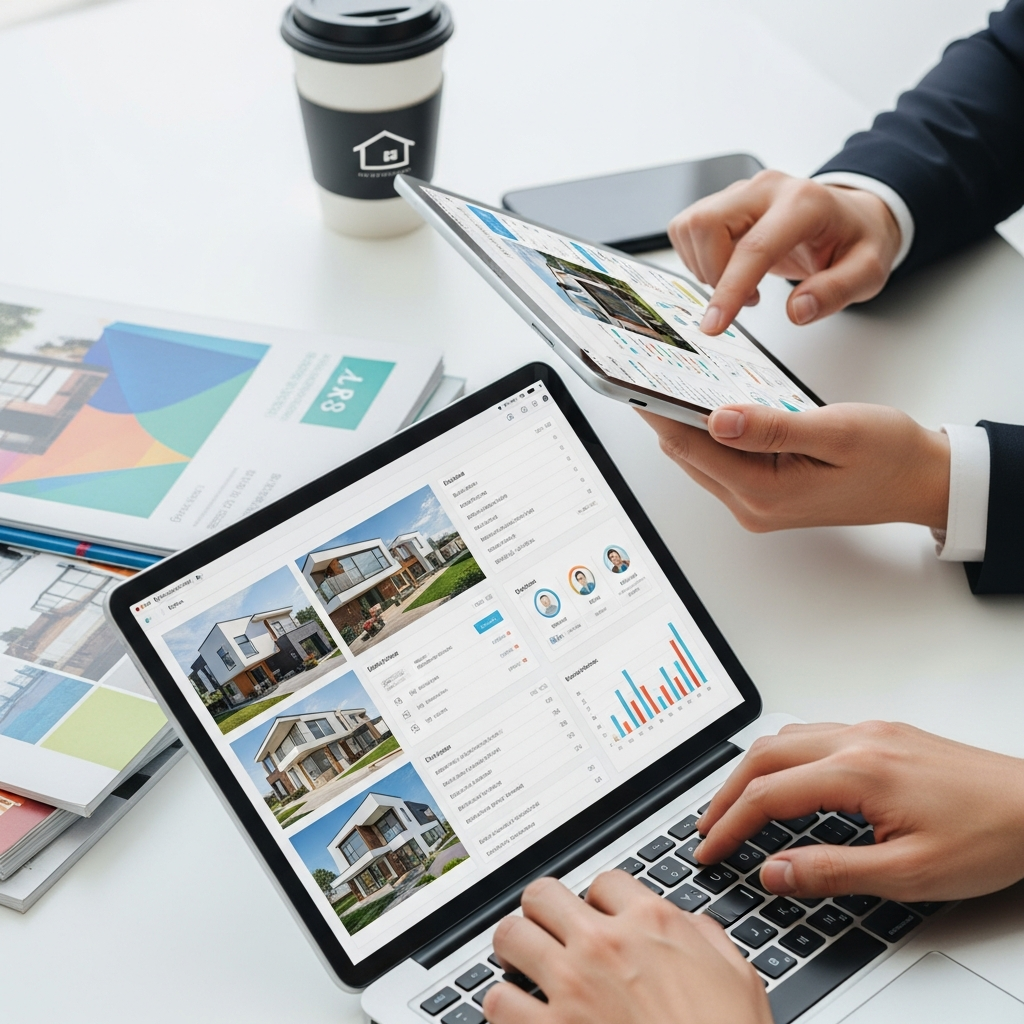 A detailed, close-up image of hands (no faces visible) using a CRM system on a tablet and laptop, with property images and contact details visibly arranged on screens—but with no legible text. The workspace includes real estate brochures and coffee, emphasizing data-driven organization in a modern office. Bright, professional setting, high-resolution, clean, completely text-free, no visible words or writing.