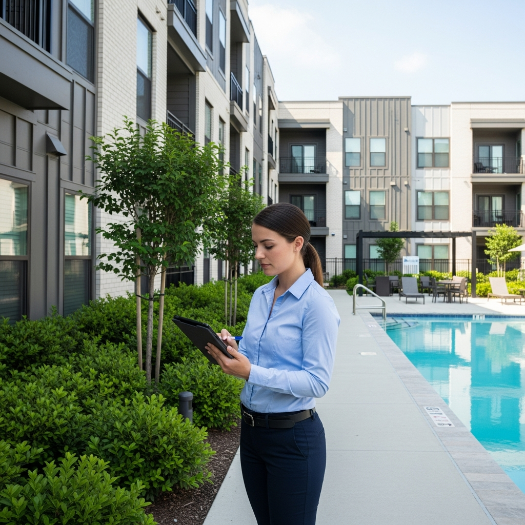 A realistic scene showing a property manager inspecting a residential building, tablet in hand, carefully checking the condition of the apartment complex’s exterior and common areas. The environment is orderly and well-kept, exemplifying proper property management workflow. Attention to detail is visible in the process, professional photography, high resolution, modern aesthetic, completely text-free, no visible words or writing.