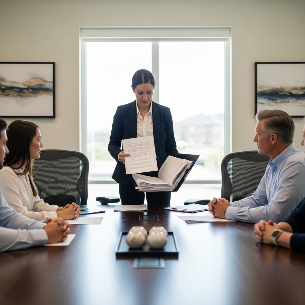 A high-quality visual of a transaction coordinator facilitating a closing meeting in a tasteful conference room, with buyers and sellers seated across from each other, and the coordinator going over a stack of property documents (with no readable text visible). There is an air of focus and diligence, highlighting the critical workflow moments in property transactions. Modern, bright photography, professional atmosphere, completely text-free, no visible words or writing.