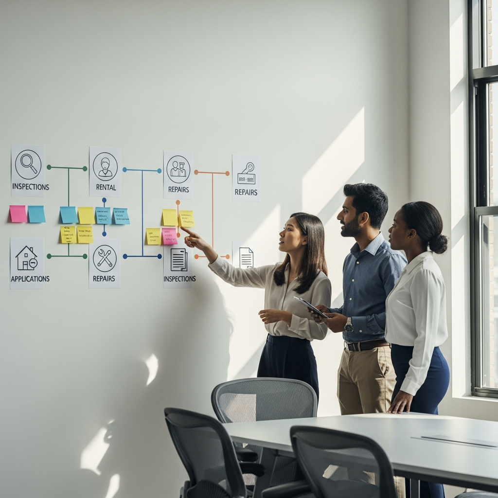 High-quality, realistic scene of a workflow automation discussion in a real estate context: a small multicultural team collaborates in front of a wall filled with sticky notes representing stages of property management (e.g. rental applications, repairs, inspections) and connected color-coded icons, in a clean, sunlit office setting; completely text-free, no visible words or writing, professional photograph, modern aesthetic.