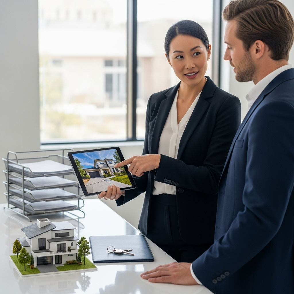 Professional image of a real estate transaction scenario: two agents in business attire stand together, referencing a tablet displaying a property, with a set of keys and a home model on the table beside them. The background features a bright, contemporary office space and filing trays containing documents, completely text-free, no visible words or writing, high-resolution, modern and crisp style.