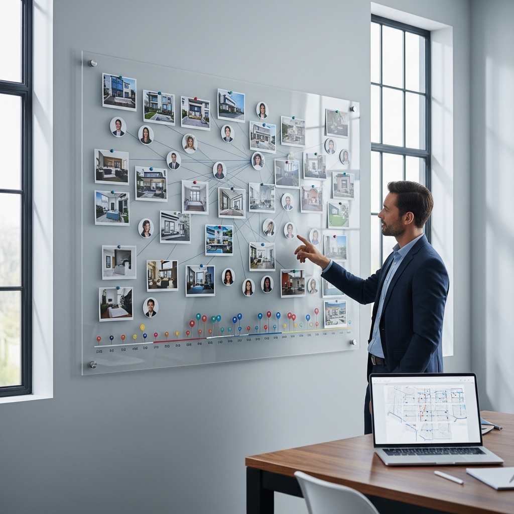 Detailed, text-free professional photo of a CRM system in use: a real estate broker interacts with a tracking board filled with property photos, timeline pins, and client headshots set up in a well-lit workspace, conveying client-property relationship management visually through physical, tangible elements, completely text-free, no visible words or writing, high-resolution and modern.