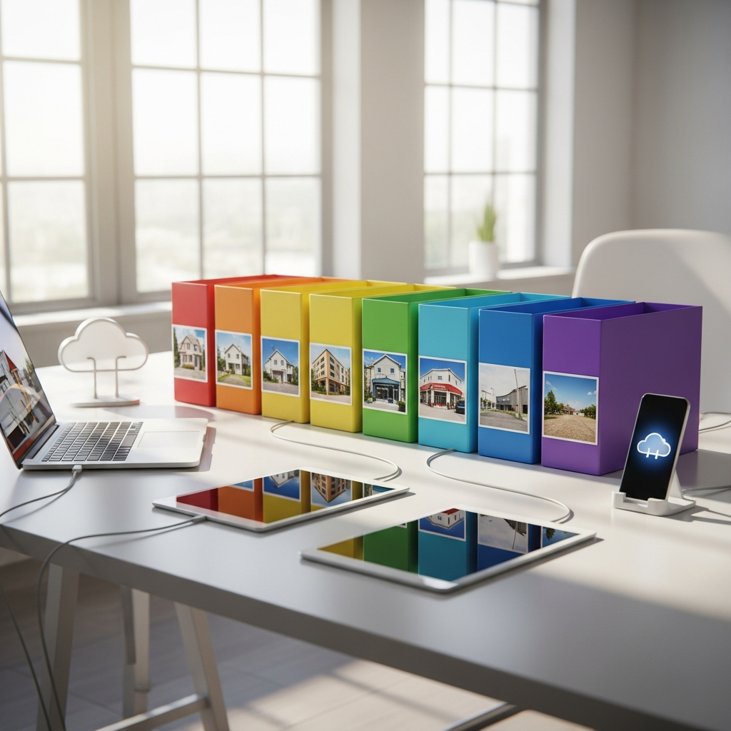 A modern, daylight-filled office showing an automated workflow setup for a real estate agency: a sequence of color-coded file bins with property photos attached (but no labels), alongside cloud-connected devices (smartphone, laptop, tablet) arranged around the workspace, signaling streamlined communication and process automation in property transactions. Completely text-free, no visible words or writing.