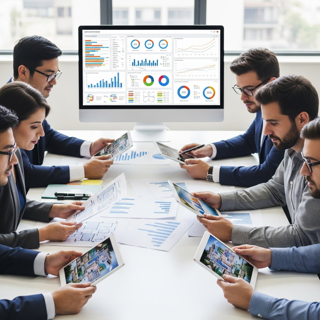 A high-resolution, professional image of a team of real estate professionals collaborating at a large conference table, each person referencing digital tablets or paperwork with visual diagrams or property visuals (no text), while discussing a data-driven operations dashboard displayed on a monitor at a distance (with the screen showing only graphs and charts, no writing). The focus is on teamwork, analytical review, and property metrics. Completely text-free, no visible words or writing.