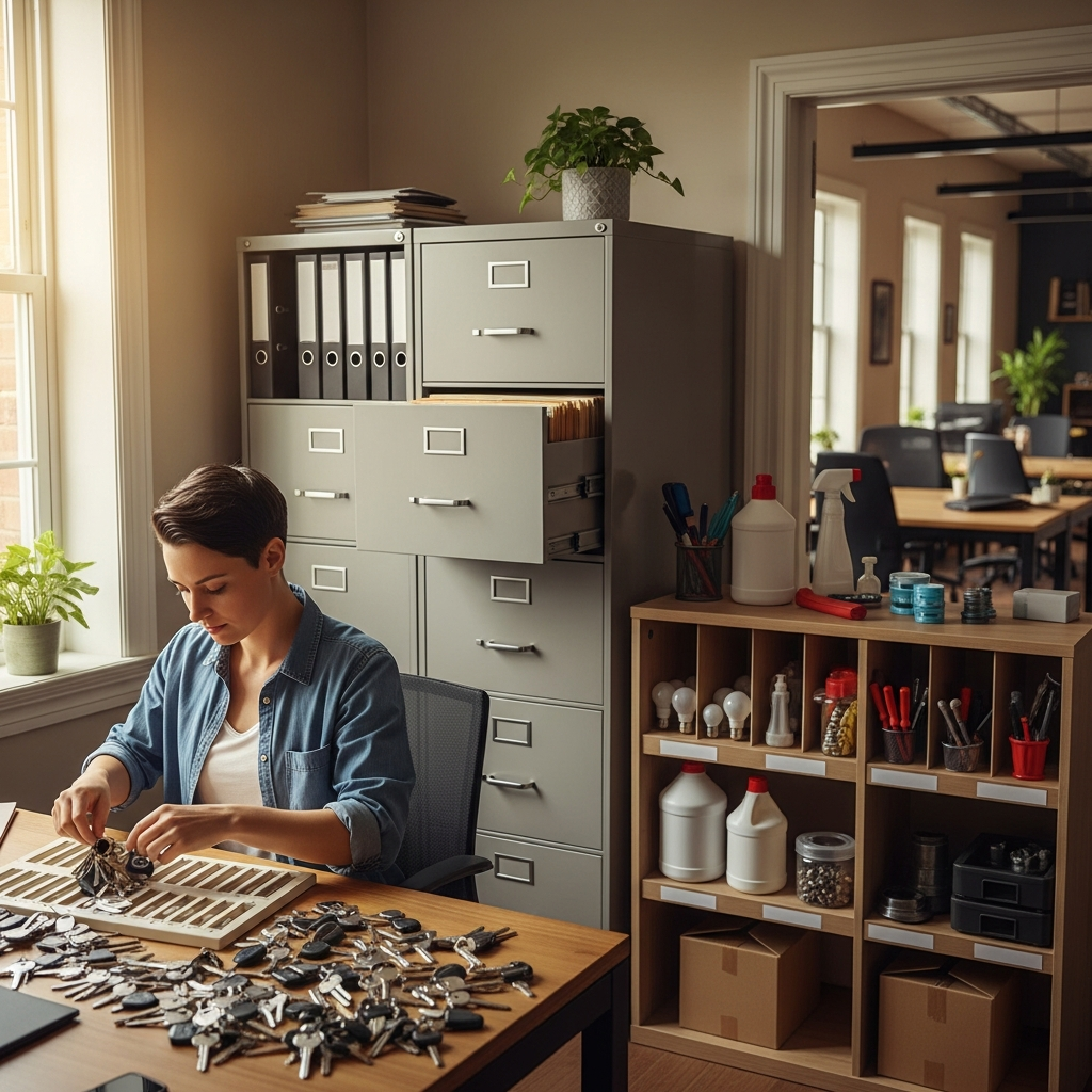 An organized property management office environment, showing a property manager sorting through physical house keys and arranging property maintenance supplies on a neatly labeled shelf. The background shows filing cabinets and some open floor plans (with any text deliberately omitted), representing the daily workflow of maintaining multiple residential properties. Completely text-free, no visible words or writing.