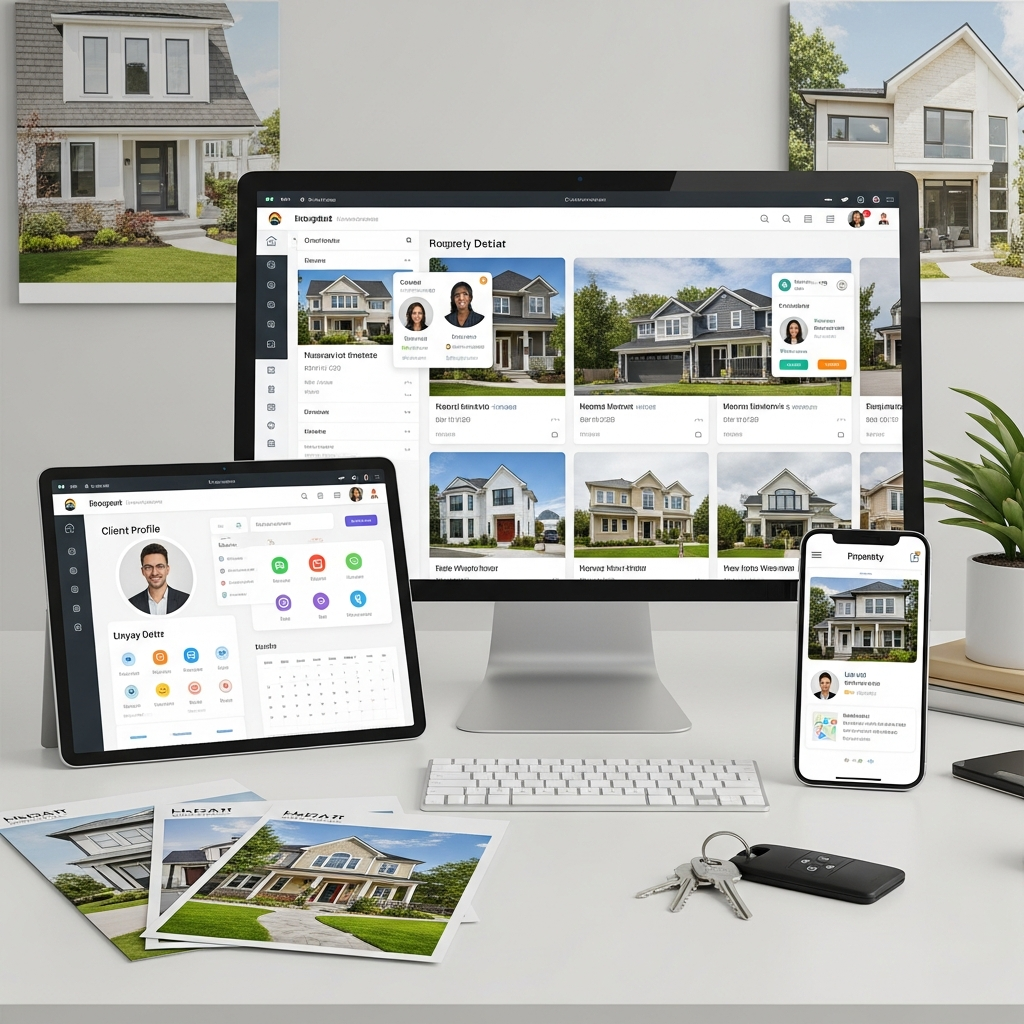 A professional, high-resolution image showing a detailed, realistic CRM system workflow for real estate displayed across multiple devices (tablet, smartphone, and desktop monitor), all presenting interconnected visual elements like contact photos, icons for schedule/calendar, and property visuals, but no text. The workspace is clearly that of a real estate office, with property brochures and keys, conveying data-driven operations. Completely text-free, no visible words or writing.