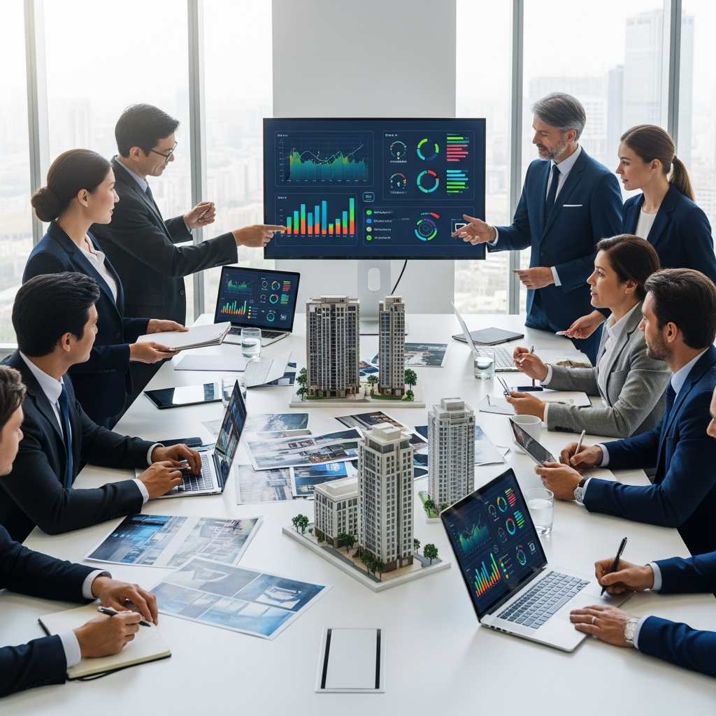 A professional, high-resolution image of real estate professionals collaborating around a large table with an array of property images, architectural models, and digital devices projecting only visual (icon-based) data analytics, such as graphs or status indicators without any text. The meeting room is sleek and modern, filled with natural light, evoking a strategic planning session for property transactions. Completely text-free, no visible words or writing.