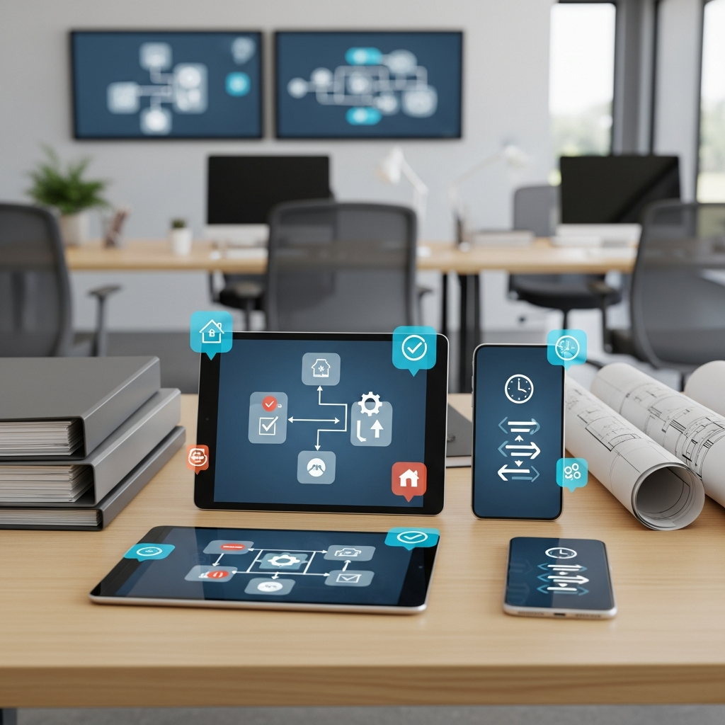 A professional, high-resolution image of a workflow automation setup in a property management office: a desk with connected smart devices such as tablets and smartphones displaying visual-only automated notification symbols and process flow icons (no text), with folders and property blueprints arranged neatly. A modern open workspace background with collaborative tools, suggesting seamless automated data handling. Completely text-free, no visible words or writing.