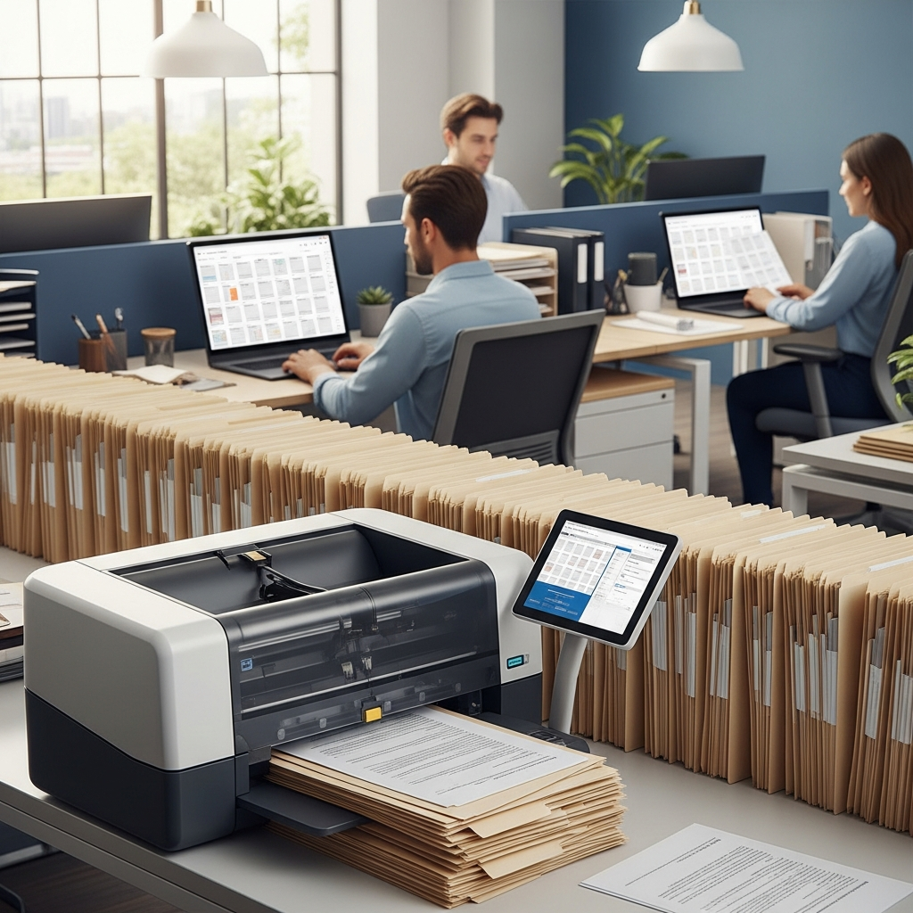 A professional image that captures an automated workflow scenario in a property management setting: a row of physical file folders being digitized with a high-speed scanner, with employees using laptops to organize and review digital documents in a bright, organized office. This should illustrate the transition from manual paperwork to streamlined, automated workflow. Completely text-free, no visible words or writing.