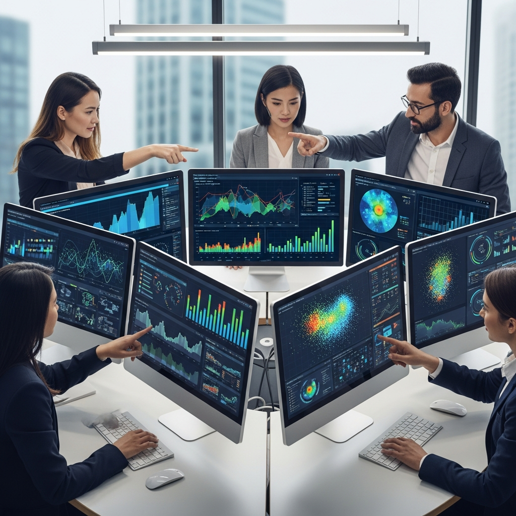 A high-resolution, professional photo showing a team of real estate brokers at a modern workstation, surrounded by multiple monitors displaying complex data visualizations and charts (without any readable text), highlighting data-driven decision-making in property analytics. The scene should capture the integration of data into the brokerage's daily operations. Completely text-free, no visible words or writing.