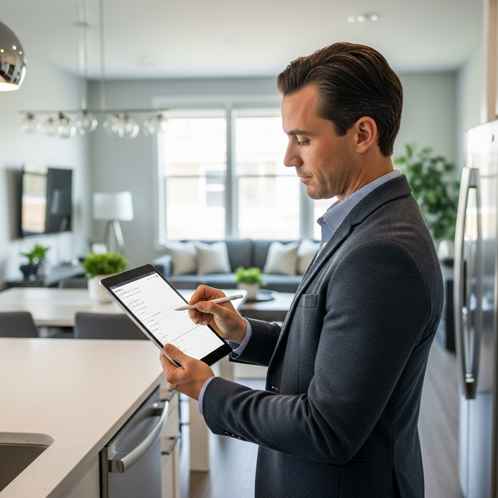 A clean, professional image depicting a residential property walkthrough in progress, with a property manager using a digital tablet to document features and take notes during an inspection, with a modern kitchen or living room as the backdrop. The focus should be on the technology-assisted workflow in real estate property management. Completely text-free, no visible words or writing.