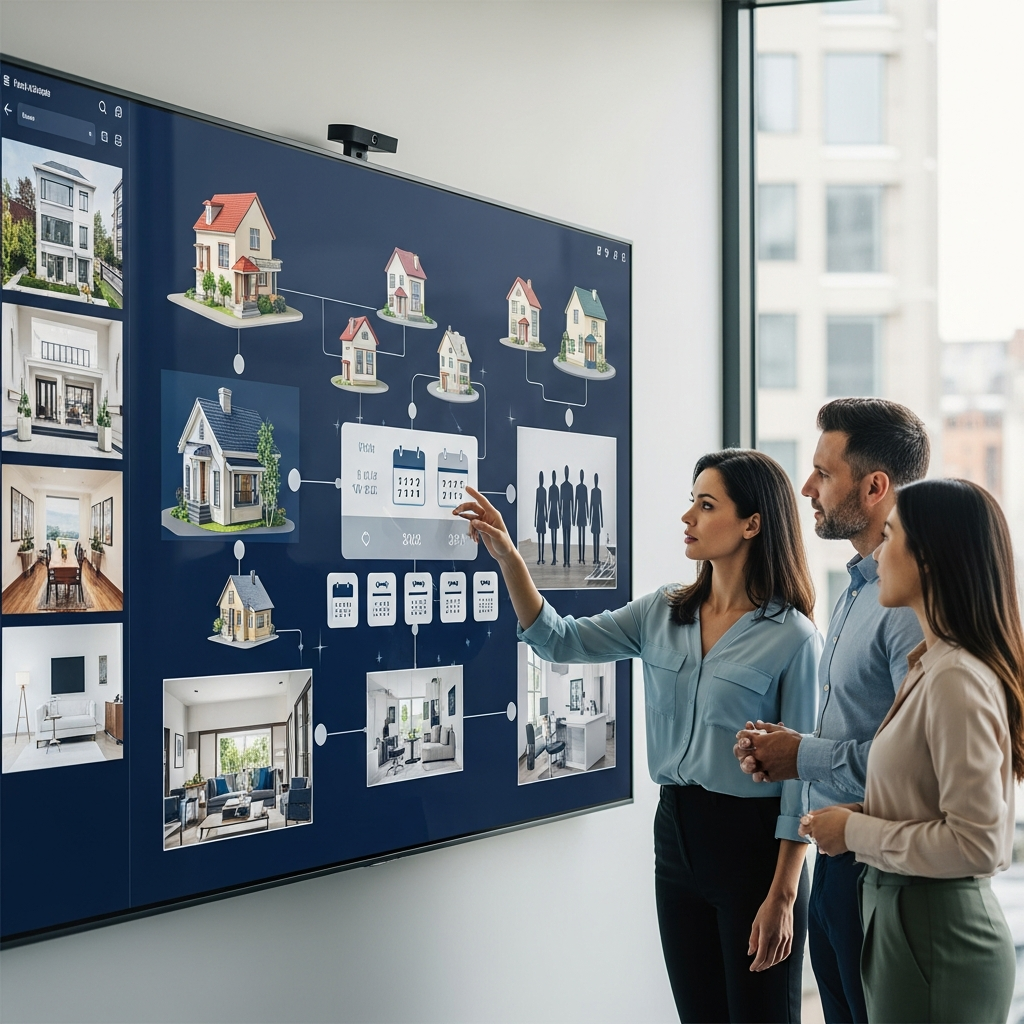 A small team in a real estate office using a large touchscreen wall panel to visualize a complex property workflow, with stages represented by icons and images only—such as homes, calendars, and people—in a collaborative workspace, completely text-free, no visible words or writing, professional photography, high resolution, clean modern aesthetic.
