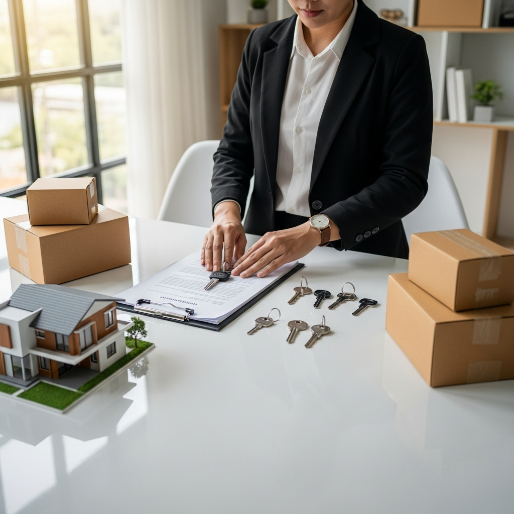 A transaction coordinator in a bright, contemporary workspace carefully preparing a set of keys and documents for handover to new homeowners, with the environment including packing boxes, architectural models, and house keys on a table—no visible text—completely text-free, no visible words or writing, professional photography, high resolution, clean modern aesthetic.
