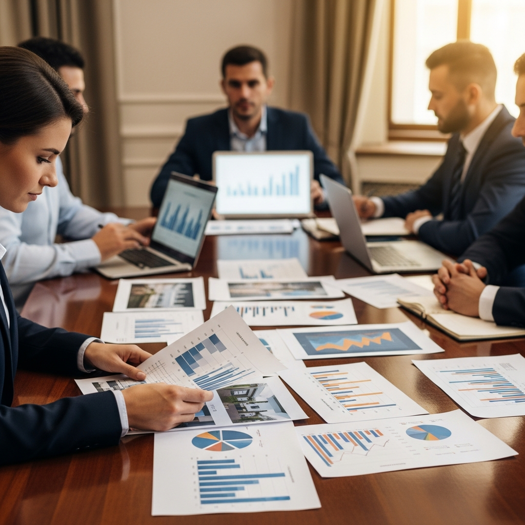 A real estate broker analyzing a set of printed data charts and property images on a large conference table, with other brokers discussing nearby and laptops open, all displays shown from angles that hide any text, the focus on the process of data-driven decision making, completely text-free, no visible words or writing, professional photography, high resolution, clean modern aesthetic.