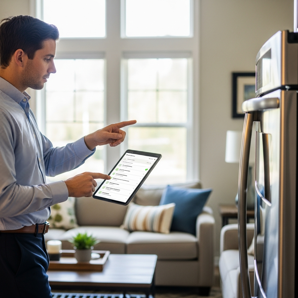 A detailed, professional shot of a property manager reviewing a checklist on a tablet while walking through a residential property, inspecting key features like appliances and windows, indicating automated workflow for property maintenance tasks. The setting is realistic and lived-in, with no visible text or labels. Completely text-free, no visible words or writing.